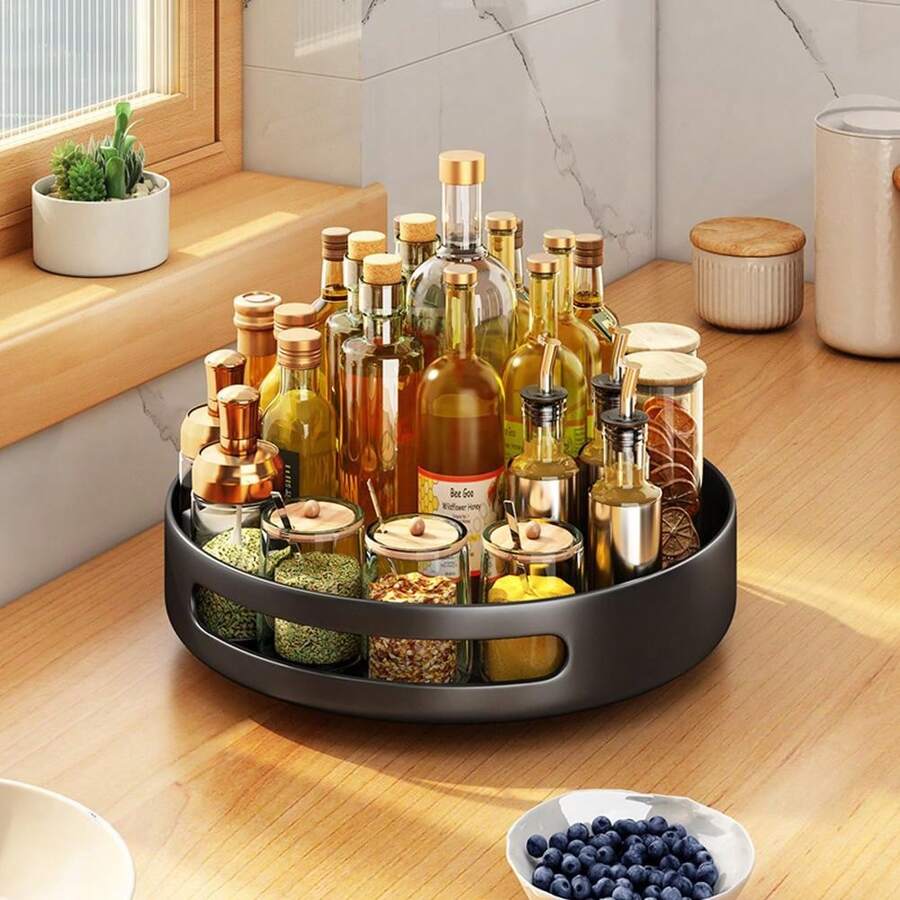 Rotating Storage Rack, Rotating Spice Rack, Carbon Fiber Kitchen Countertop Organizer, Round Metal Turntable Organizer For Cabinet Kitchen Refrigerator Vanity