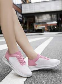 Women's Outdoor Lightweight Fitness Shoes Fashionable Casual Shoes Anti Slip Road Running Shoes Mesh Breathable Walking Shoes Lace Up Sneakers White_Pink