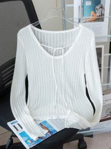 Women's Knit Sweater With Side Slit Cuff Design, Lightweight, Versatile, Tie-Front, Summer
