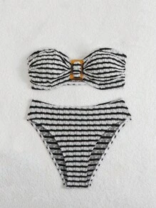 Black & White Striped Sexy Bikini Set, For Summer Beach Vacation