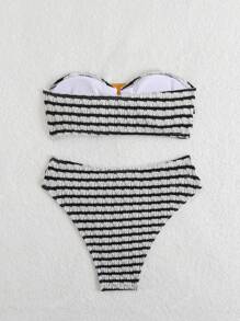 Black & White Striped Sexy Bikini Set, For Summer Beach Vacation