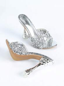 Tacones de sandalias de mujer con puntera, enchapados en metal con piña, de moda glamorosa, cómoda, con rhinestones, tallas grandes, apropiado para uso diario, compras, fiestas, vale la pena tener