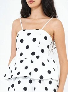 Conjunto de verano y primavera de moda elegante y casual para dama con diseño de volantes de estampado de lunares, top halter sin tirantes elástico y falda globo de dos piezas