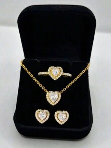 Winglove 一套925纯银心形水晶项链、戒指、耳环首饰套装，优雅女士礼物 - 金黃色 - 查看 4