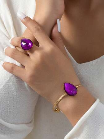 1 Set Fashionable European And American Style 3D Oval Gemstone Bracelet And Ring Jewelry Set, Gift For Women