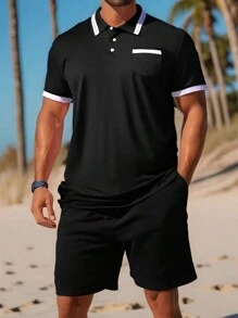 男士拼色短袖 Polo 衫和短裤套装，简约时尚，适合夏季