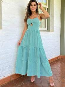 Long Dress With Straps And Striped Cups In Crepe Fabric H-2 - Turquoise - View 1