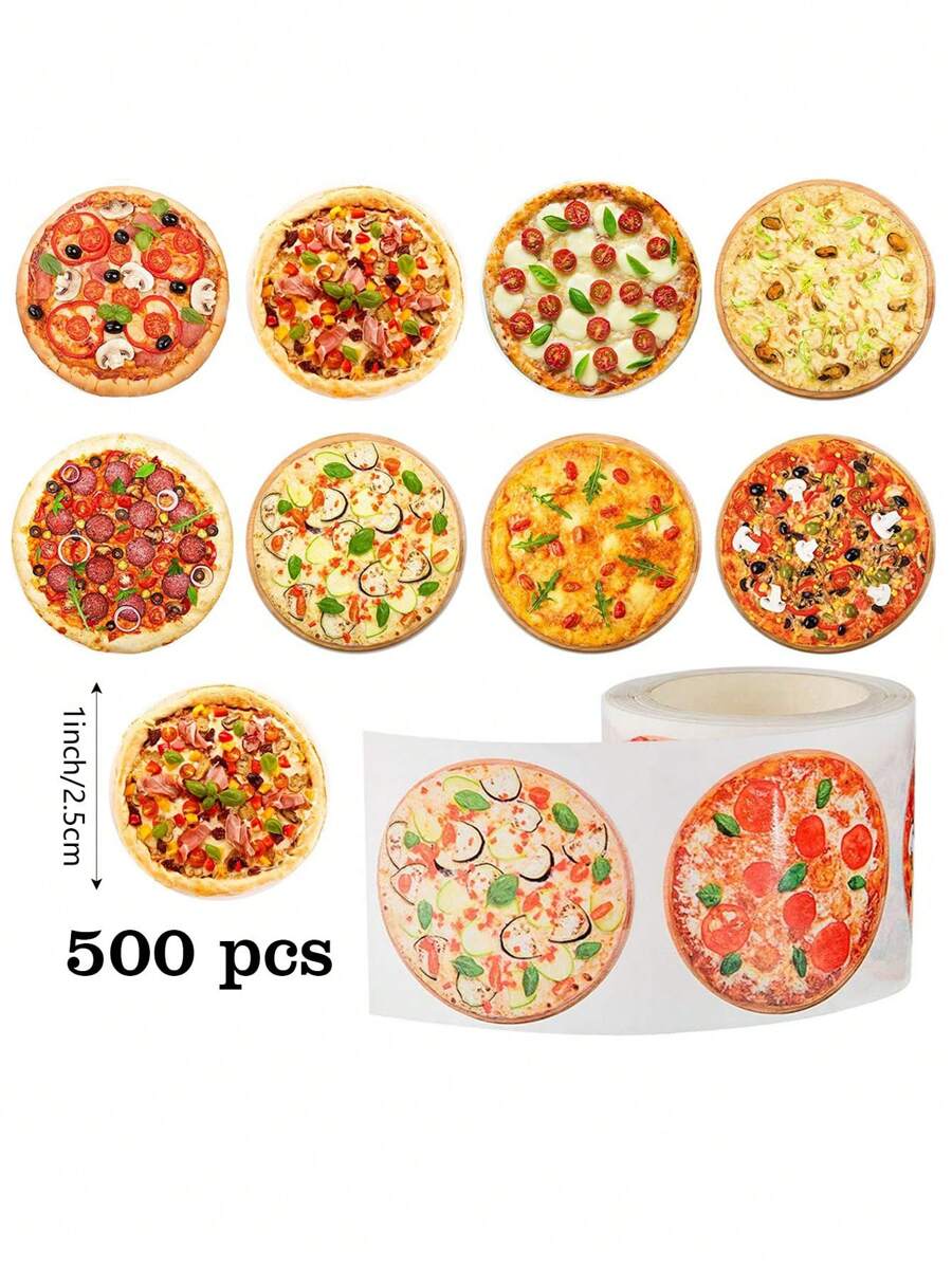 500pcs/Roll Cute Cartoon Pizza Sticker, 9 Design Patterns 1 Inch Pizza Food Party Home Wall DIY Decoration PVC Peel And Stick Sticker Roll,School Supplies,Back To School - Multicolor - View 1