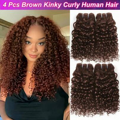Paquetes de cabello humano color #4 rizado y ensortijado, paquetes de cabello ondulado, cabello humano color marrón chocolate, 4 paquetes de cabello virgen con doble trama