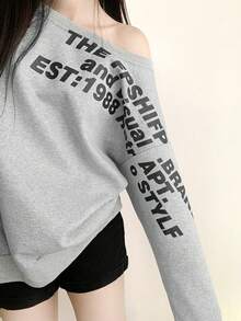 Áo hở vai gợi cảm có in chữ Áo nỉ dài tay dành cho nữ - Xám - Xem 3