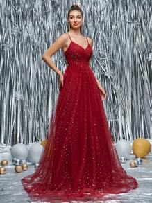 Mgiacy 新品 V 领背心 浪漫伴娘礼服 褶饰亮片网眼长裙 - 紅色 - 查看 4