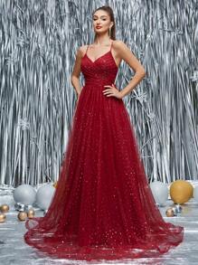 Mgiacy 新品 V 领背心 浪漫伴娘礼服 褶饰亮片网眼长裙 - 紅色 - 查看 3