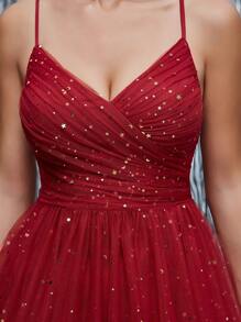 Mgiacy 新品 V 领背心 浪漫伴娘礼服 褶饰亮片网眼长裙 - 紅色 - 查看 5