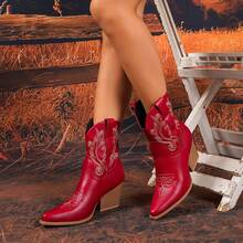 秋冬时尚叶子刺绣西部靴，粗跟百搭牛仔靴，马靴，度假靴 - 紅色 - 查看 1
