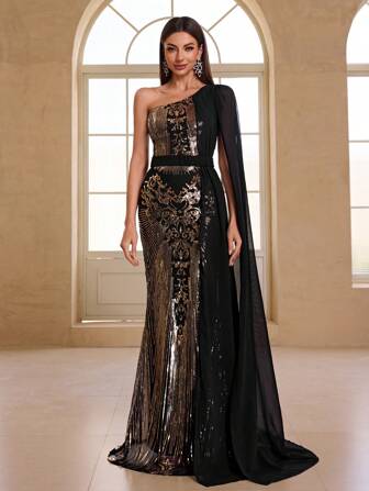 YISIKADO 不对称领口正式晚会礼服奢华亮片图案美人鱼下摆撞色雪纺优雅女士派对礼服宴会婚礼宾客毕业晚宴、婚礼宾客礼服、晚礼服