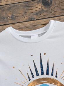 Girls Eye Print Round Neck Short Sleeve Casual T-Shirt