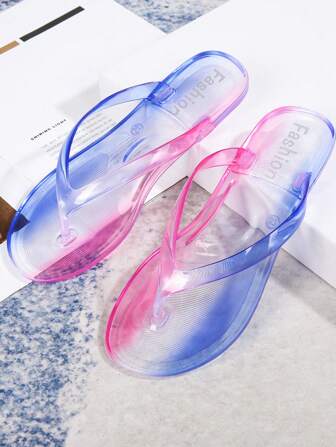 女士时尚水晶透明沙滩人字拖，夏季百搭休闲渐变色拖鞋