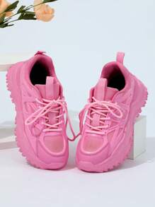 Couples Pink Real Leather Thick Sole Elevated Casual Sneakers, Comfortable Slip-On High Street Retro Athflow Style Athletic Shoes, Suitable For Commuting, Gift-Giving - Hồng - Xem 3