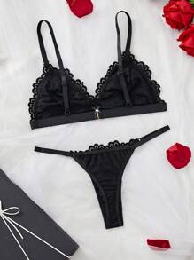 Women Simple Solid Color Lace Trim Casual Sexy Lingerie Set For Rave, Baddie Look