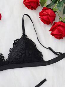 Women Simple Solid Color Lace Trim Casual Sexy Lingerie Set For Rave, Baddie Look