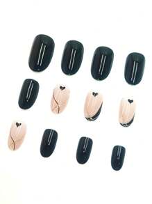 24 piezas de uñas postizas minimalistas de estilo francés en forma ovalada puntiaguda, con corazones 3D negros y líneas doradas y rosa dorado, adecuadas para el Día de San Valentín y Navidad, incluye gel de gelatina y lima de uñas - Negro - Ver 2