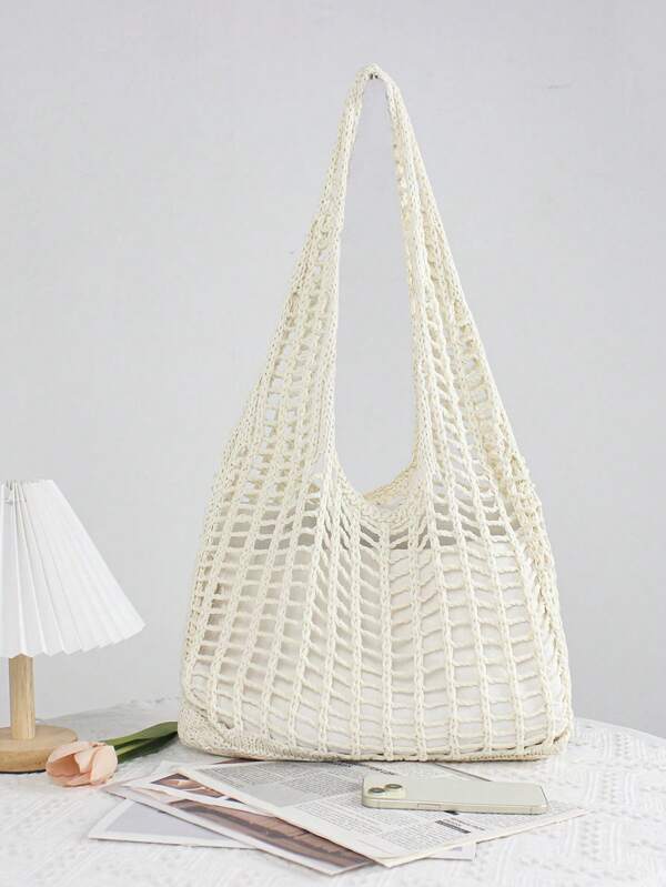 Borsa a tracolla traforata in maglia di donna, borsetta semplice all'uncinetto, leggera, casual, con motivo traforato, stile vacanza adatta a ragazze adolescenti, studenti universitari, perfetta per college, all'aperto, viaggi, uscite, vacanze casual, borsa da spiaggia, borsetta a tracolla, borsa a mano, regalo di Natale