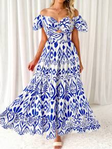 泡泡袖花卉印花露背收腰修身连衣裙，优雅女士长裙