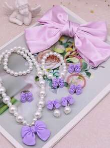 8 件儿童蝴蝶结发夹、发带、仿珍珠项链、手链、耳环、戒指首饰套装，多色，适合女孩的礼物 - 蝴蝶結 - 查看 9