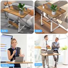 Table d'ordinateur Mobile avec plateau 60x40cm, Table pour Ordinateur Portable avec Hauteur Réglable 69-90cm, Table de Canapé Roulante pour Lit Bureau Debout,  Facile à déplacer avec roulettes, Blanc / Chêne