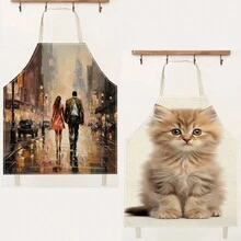 1 件情侣款孤独城市猫 3D 图案亚麻围裙，适合家庭烹饪、厨房穿着和烹饪爱好者 - 彩色 - 查看 10