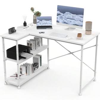 HOMALL L Shaped Desk Corner Computer Desk Writing Table, Reversible Large Storage Shelves, Bookshelf Workstation For Study Play Work Bedroom Home Office