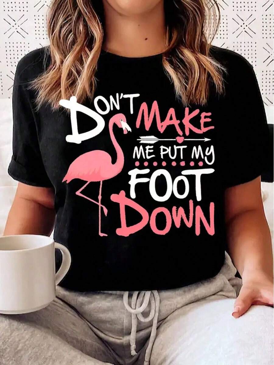 Flamingo Text Print Women'S T-Shirt, Summer Women'S Fashion, Casual, Comfortable, Soft, Daily Outdoor Sports, Fitness, Breathable Round Neck Short Sleeve T-Shirt - 黑色 - 查看 1