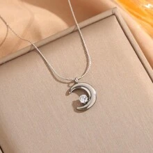 New Necklace In 18K Titanium Steel With Small Crescent-Shaped Diamonds Set In Prongs - An Exclusive, High-Quality Necklace. - Silver - View 1