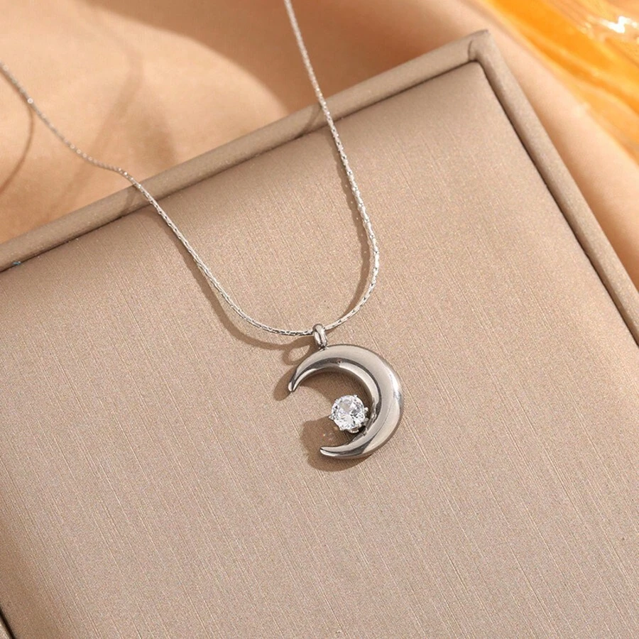 New Necklace In 18K Titanium Steel With Small Crescent-Shaped Diamonds Set In Prongs - An Exclusive, High-Quality Necklace. - Silver - View 1