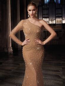 QOQ Elegant Apricot Color Hot Drill Rhinestone Beaded Slant Shoulder Neck Women Fishtail Gown Dresses - Apricot - View 7