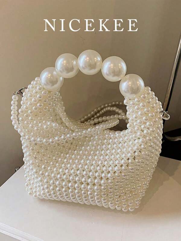 Bolso de noche tejido a mano puro para mujer, bolso de perlas de hadas retro francés, bolso de mano con gran capacidad celebridad de internet, adecuado para salir, citas, compras, combinaciones diarias, oficina, ir y venir, regalo