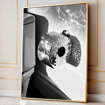 1pc Unframed Disco Ball Toilet Paper Poster Aesthetic Black White Bathroom Girly Decor Funky Painting Canvas Print Minimalist Fashion Wall Picture For Dorm, Apartment, Restroom, Living Room, Bedroom, Modern Home Decoration