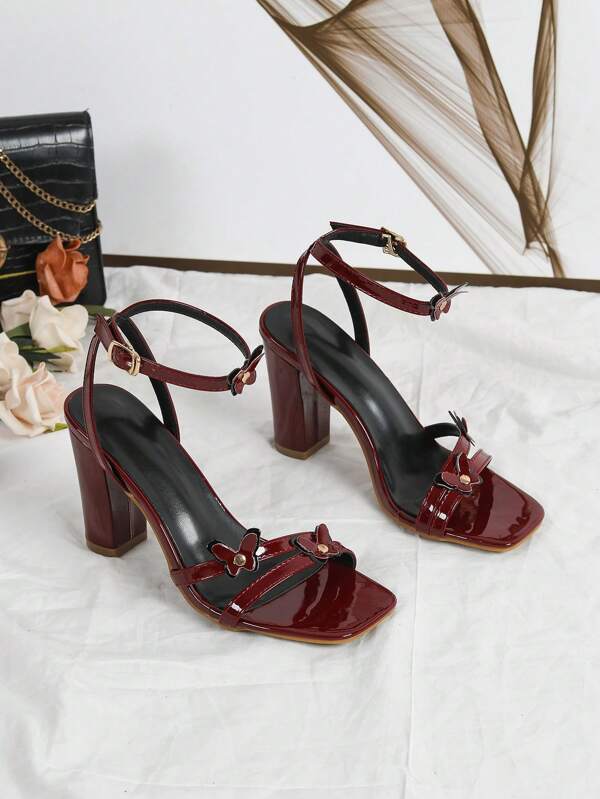 Burgundy Backstrap New Style High Heel Sandals, Minimalist Strap Bow Decor Square Toe Chunky Heels Ladies Gladiator Sandals