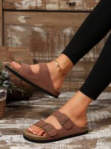 女士平底凉鞋，夏季新款时尚舒适超大金属扣百搭轻便厚底休闲一脚蹬凉鞋沙滩露趾拖鞋 - 駝色 - 查看 2