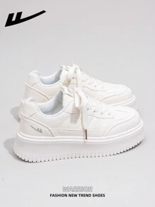 WARRIOR 1 Pair WARRIOR Brand Women's Casual White Lace-Up Canvas Shoes, Thick Sole Platform Flat Shoes For Outdoor & Skateboarding, Autumn Leisure Sneakers, Modern Design, Classic Retro Chunky Chunky Sneakers, Comfortable & Stylish, Suitable For Students
