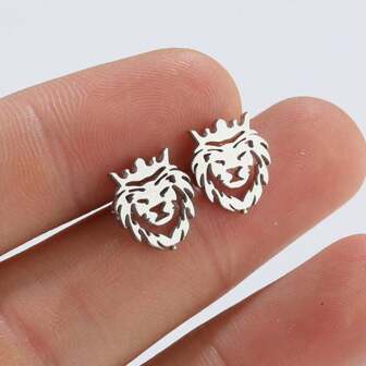 1 Pair Of Hollow Out Crown Lion Animal Stainless Steel Stud Earrings For Men, Tideway Punk Jewelry For Man Gift/Valentines Day Earrings