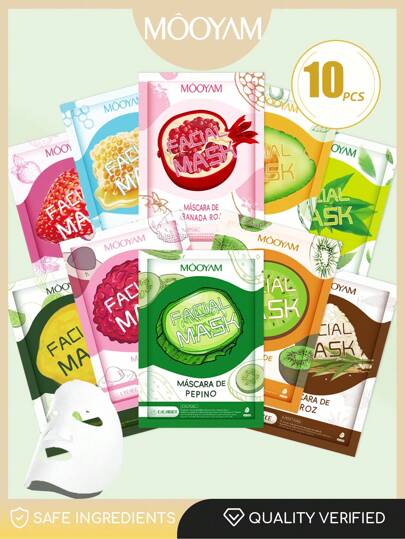 MOOYAM 10片装亮肤水果面膜套装，鲜果系列 - 草莓、石榴、大米、牛油果、柠檬、绿茶、荔枝、黄瓜、奇异果、蜂蜜，保湿、滋润、抗衰老、舒缓，韩国配方，男女皆宜，护肤及面部护理
