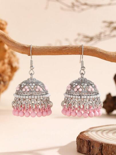 1 Pair Casual Beaded Style Hollow Drop Earrings, Decorated With Tassel & Bells, Suitable For Women's Daily Wear, Festivals, Weddings And Parties/Jewelry Gifts