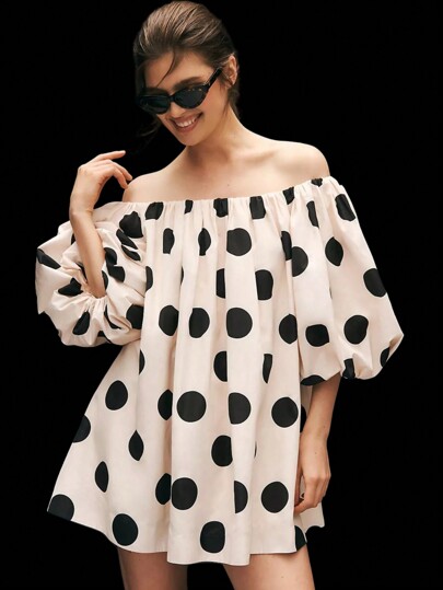 Rochie de damă cu umăr dezactivat Bluză lejeră cu mâneci bufante Mini rochie Rochii scurte de plajă