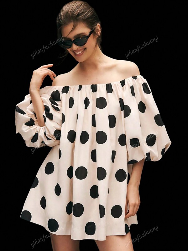 Women's Off Shoulder Dress Casual Puff Sleeve Loose Blouse Mini Dress Beach Short Dresses