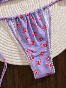 New Soft Fabric Floral Print Halter Spaghetti Strap Bikini Swimwear Set With Pearl Decor, Elegant And Fashionable For Beach Party In Summer - Purple - View 6