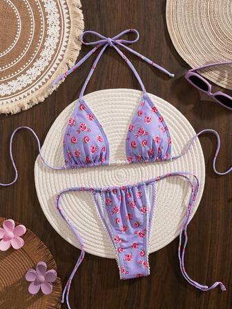 全新柔软面料花卉印花吊带比基尼泳装套装，带珍珠装饰，优雅时尚，适合夏季海滩派对