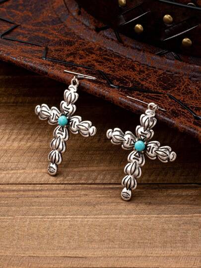 1 Pair Vintage Western Cowboy Style Creative Cross Turquoise Embossed Boho Dangle Earrings For Women