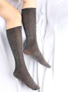 1 Pair Women's Black Shiny Silver Lurex Sheer Layered Socks, Versatile For Spring/Summer, Party Outfit
