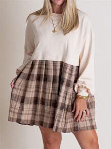 Women Autumn Short T-Shirt Dress Long Sleeve Round Neck Plaid Print Patchwork Dress - 卡其色 - 查看 7